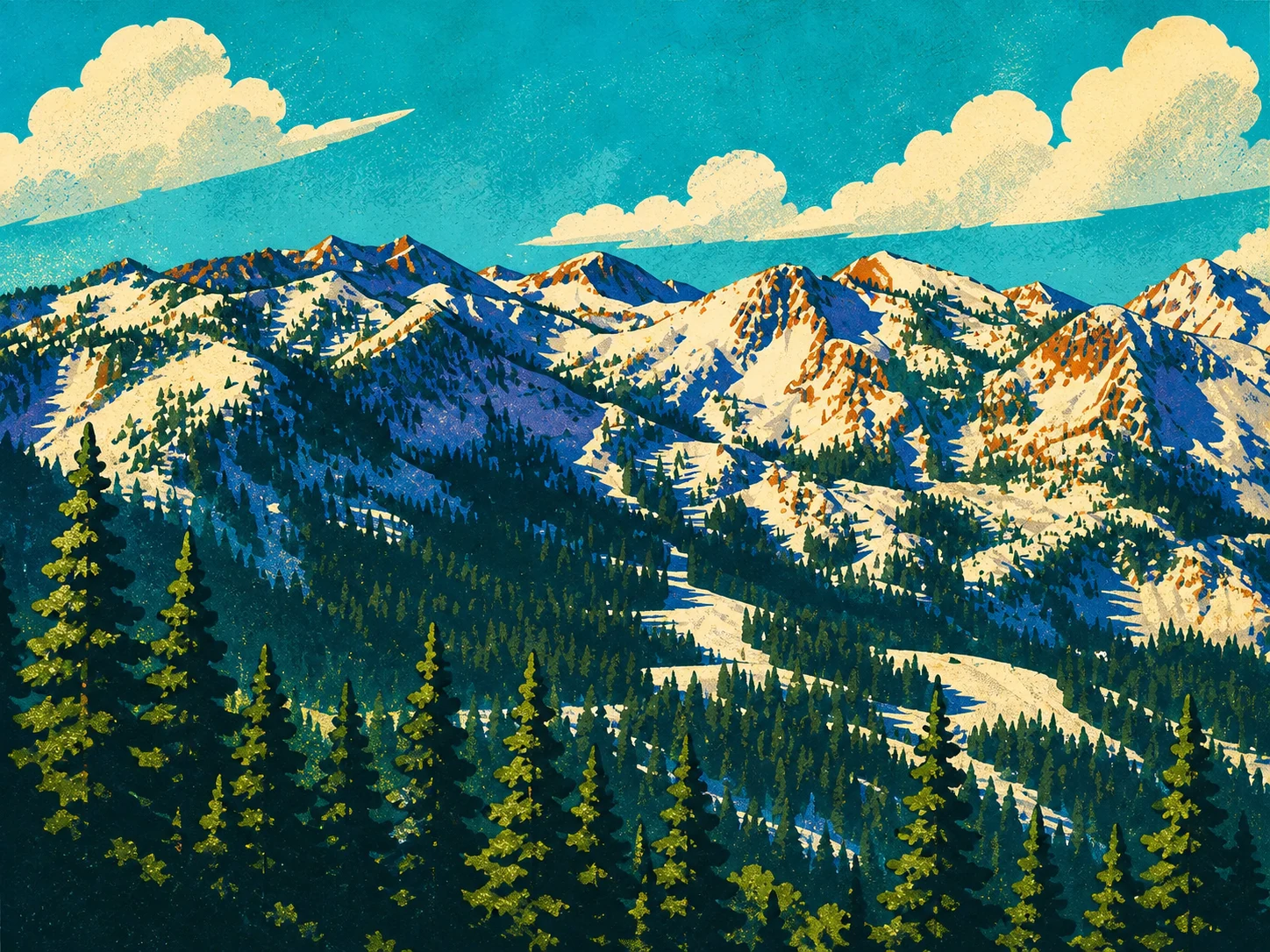 WPA-style illustration of the Wasatch peaks above Cottonwood Heights