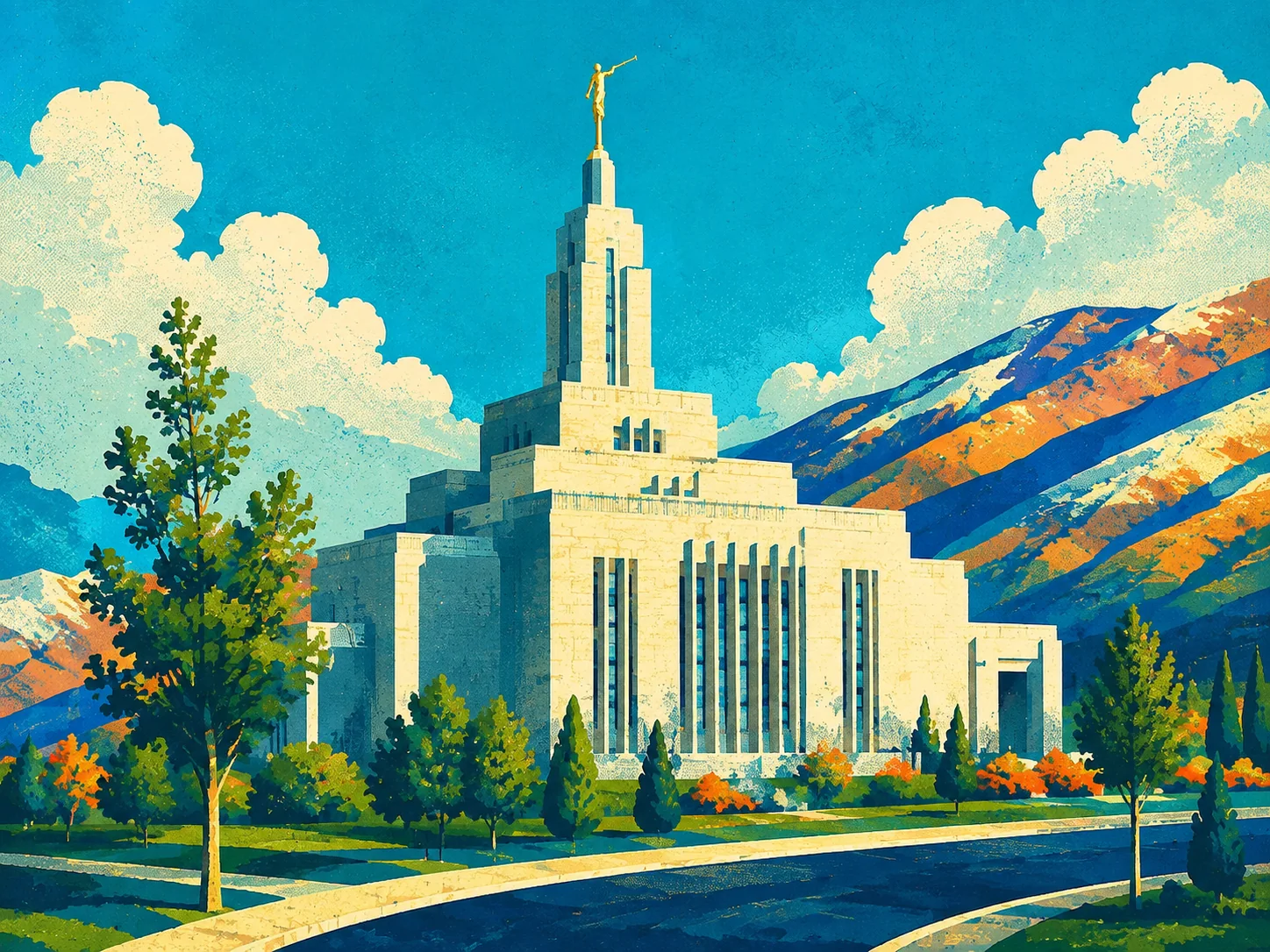 Illustration of the Draper temple and surrounding mountains in Mountain Man’s travel-poster style