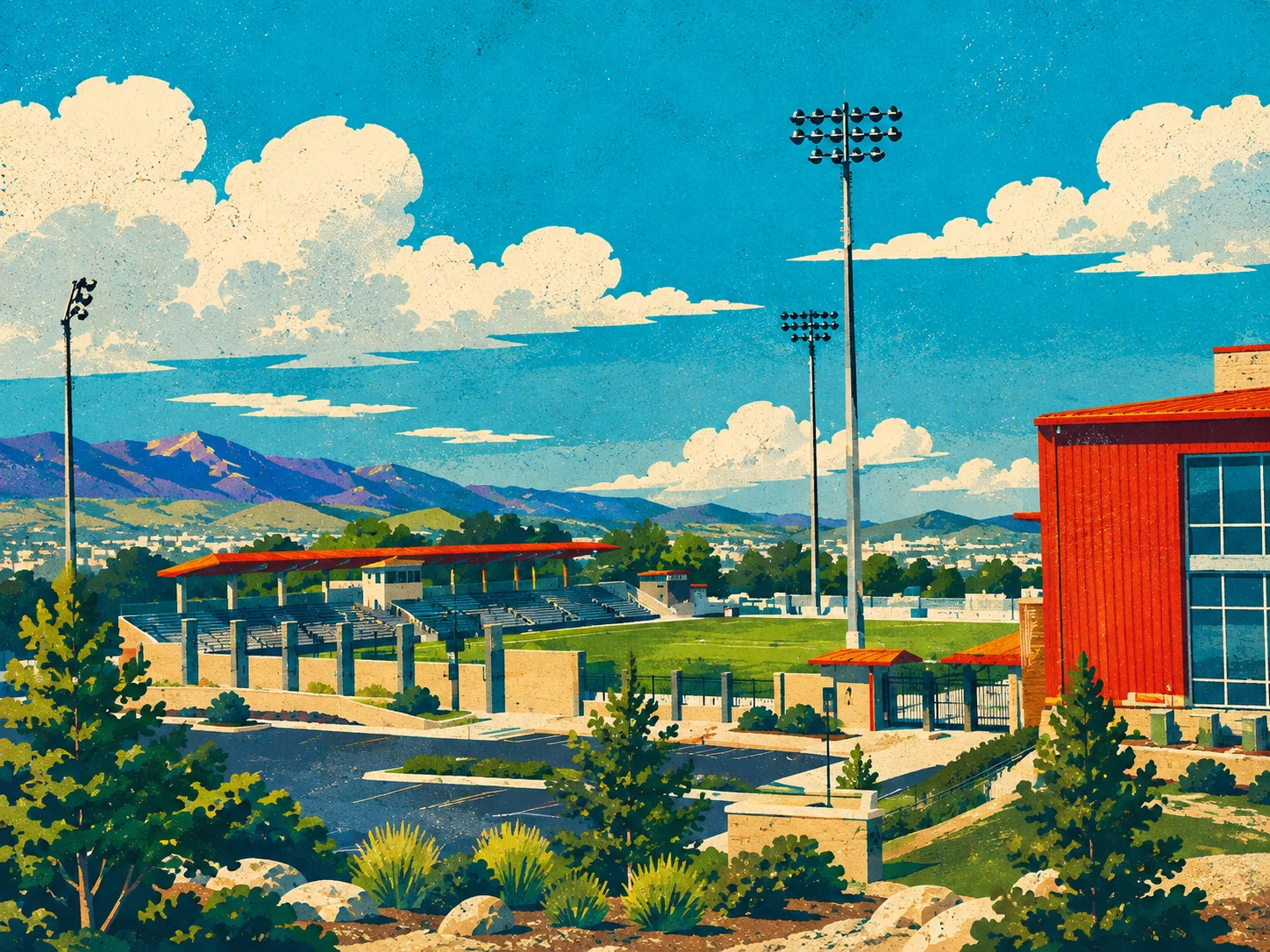 WPA-style illustration of Herriman sports grounds with a mountain backdrop and bright blue sky