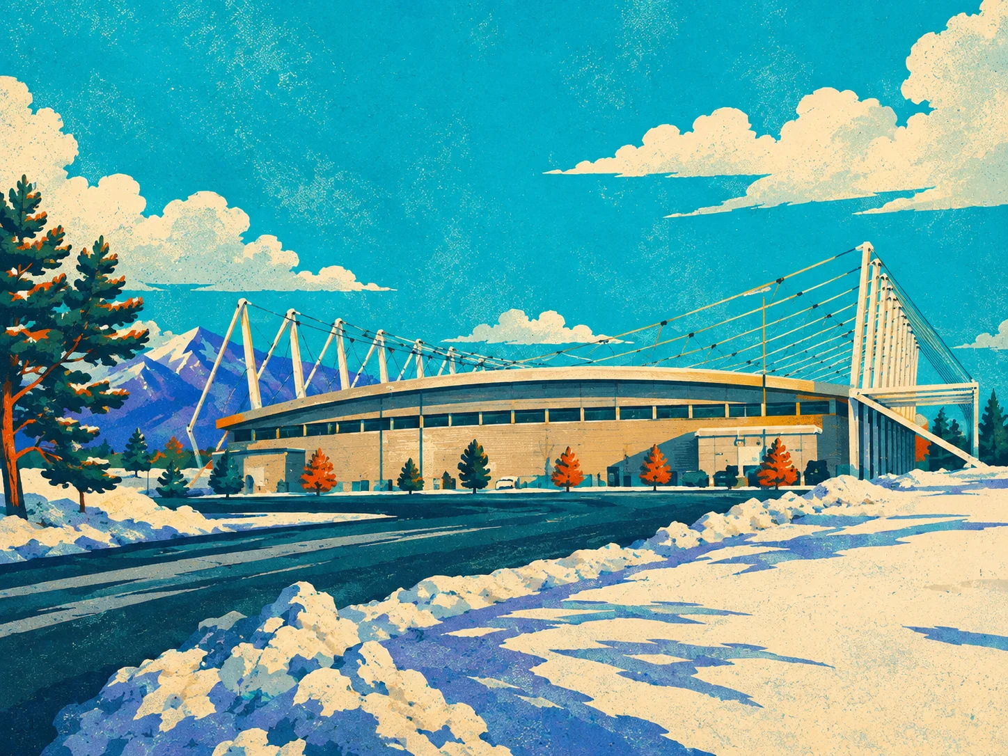 WPA-style illustration of the Utah Olympic Oval in Kearns, with snow and a bright blue sky