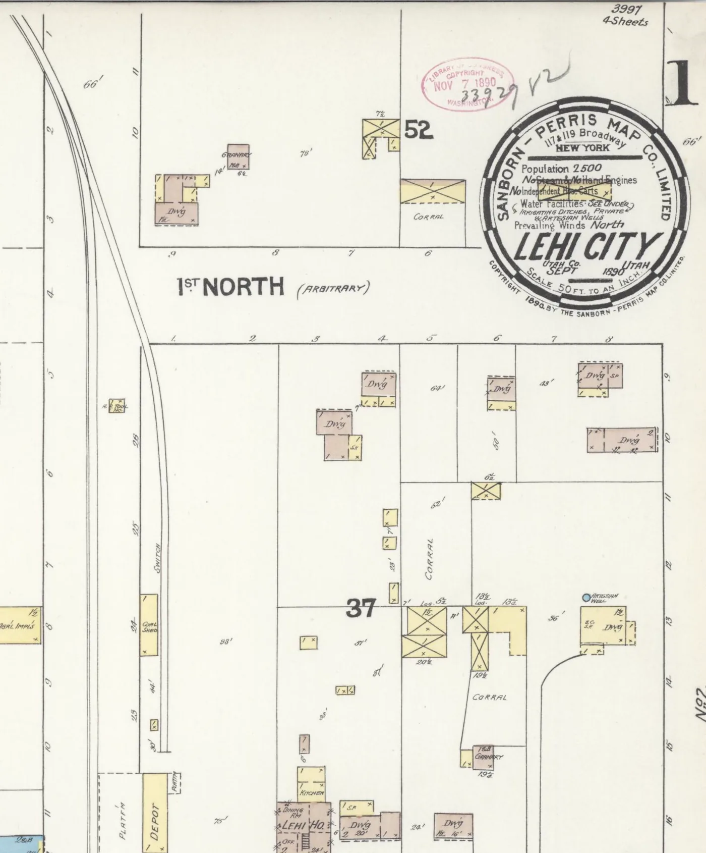 Detail of Lehi’s 1890 Sanborn map, identifying an artesian well and listing ditches, private wells and artesian wells as the water facilities