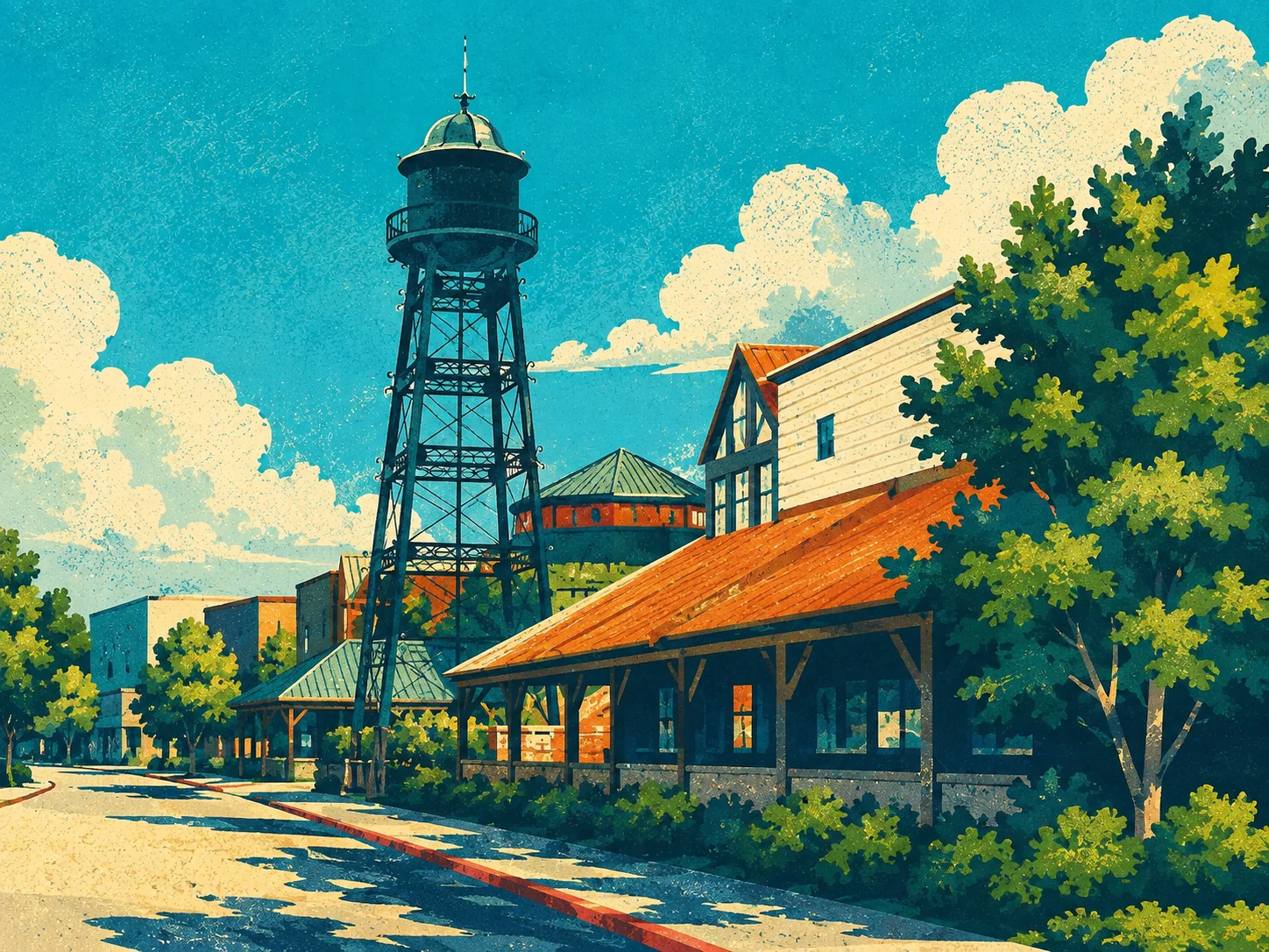 WPA-style illustration of Thanksgiving Point’s water tower and buildings in Lehi