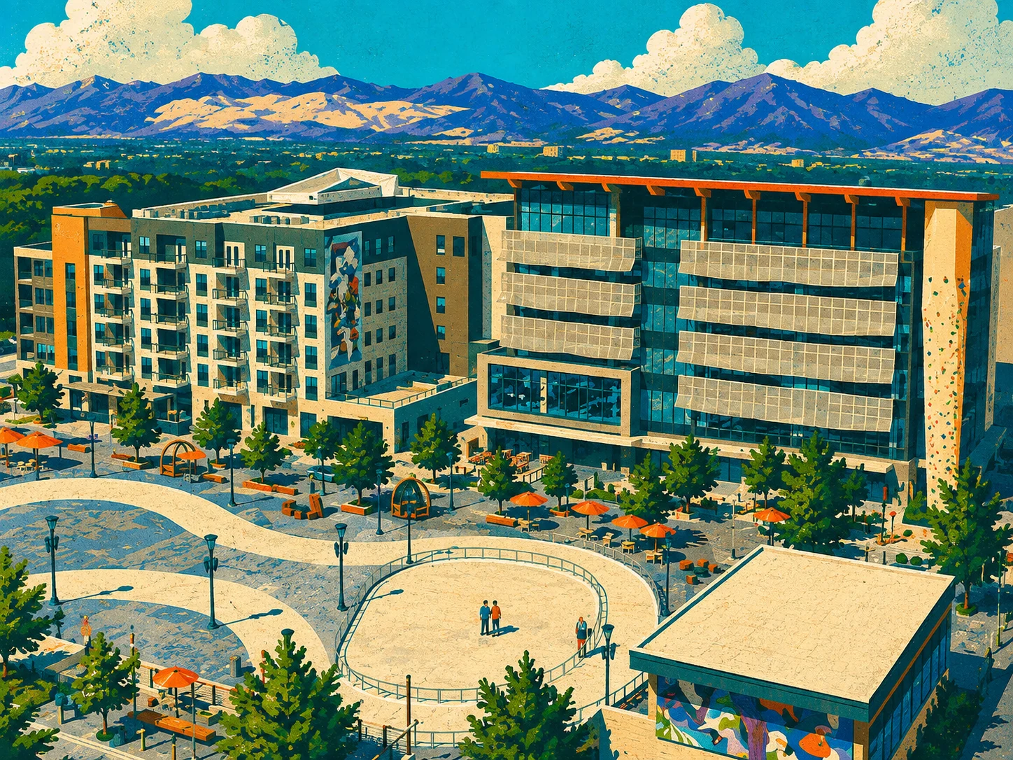 WPA-style illustration of Millcreek Common and the Wasatch mountains