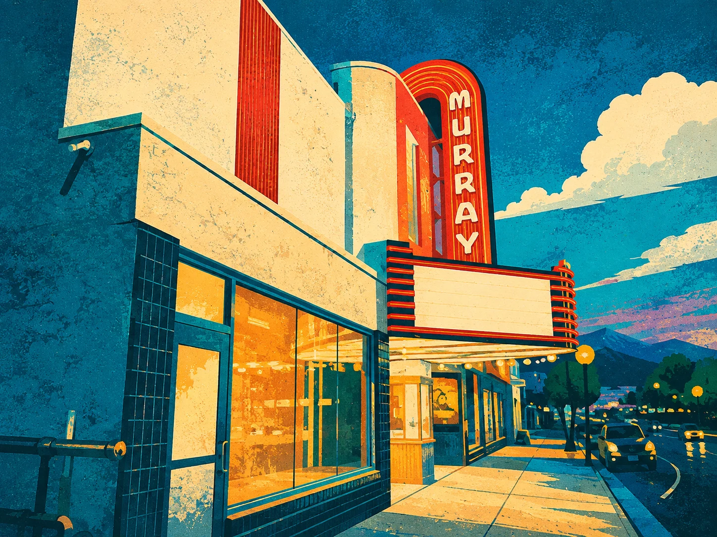 Travel-poster illustration of the Murray Theater and its red vertical marquee