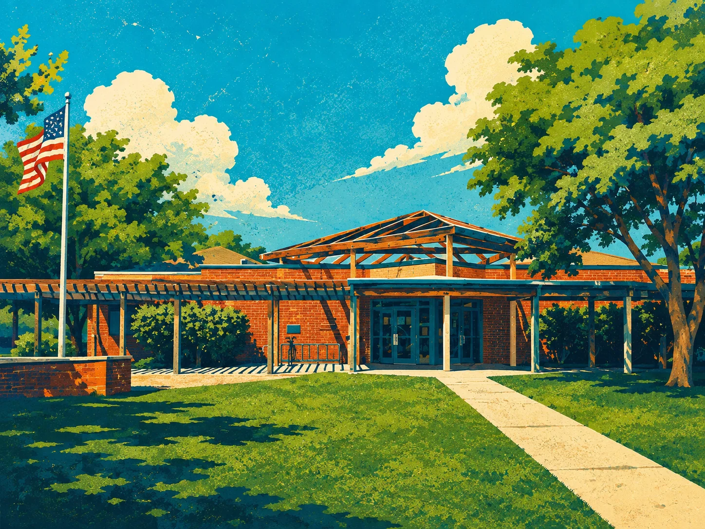 WPA-style Taylorsville civic building illustration with red brick, leafy trees and a blue sky
