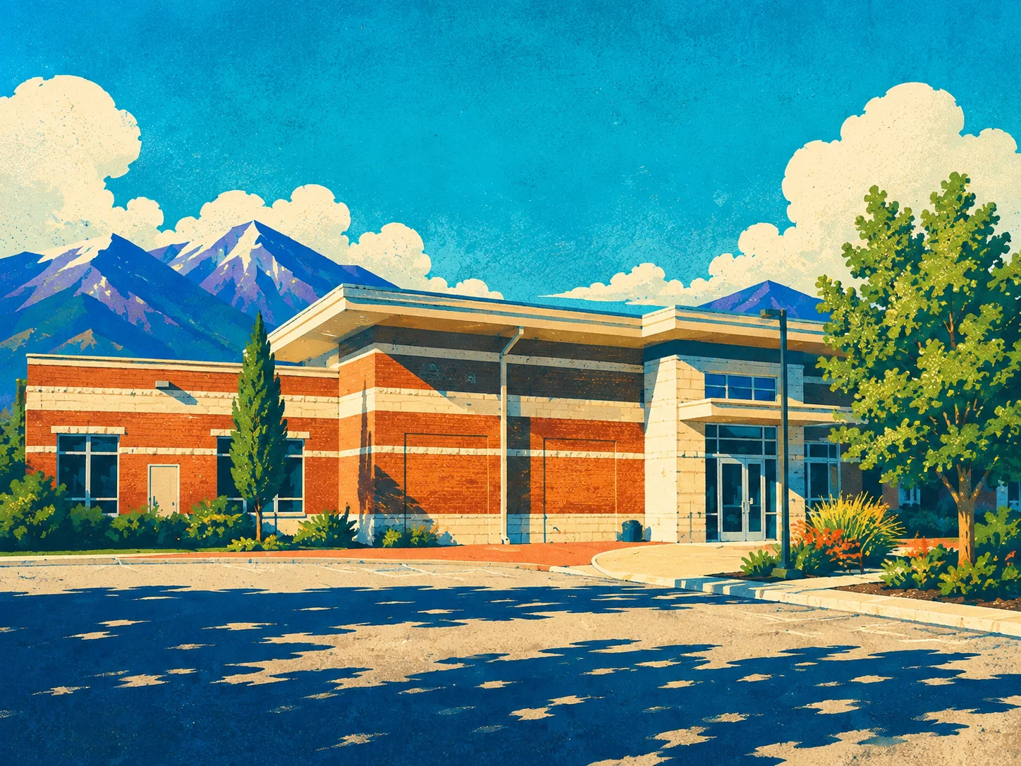 WPA-style illustration of Highland’s civic center with the Wasatch mountains behind it