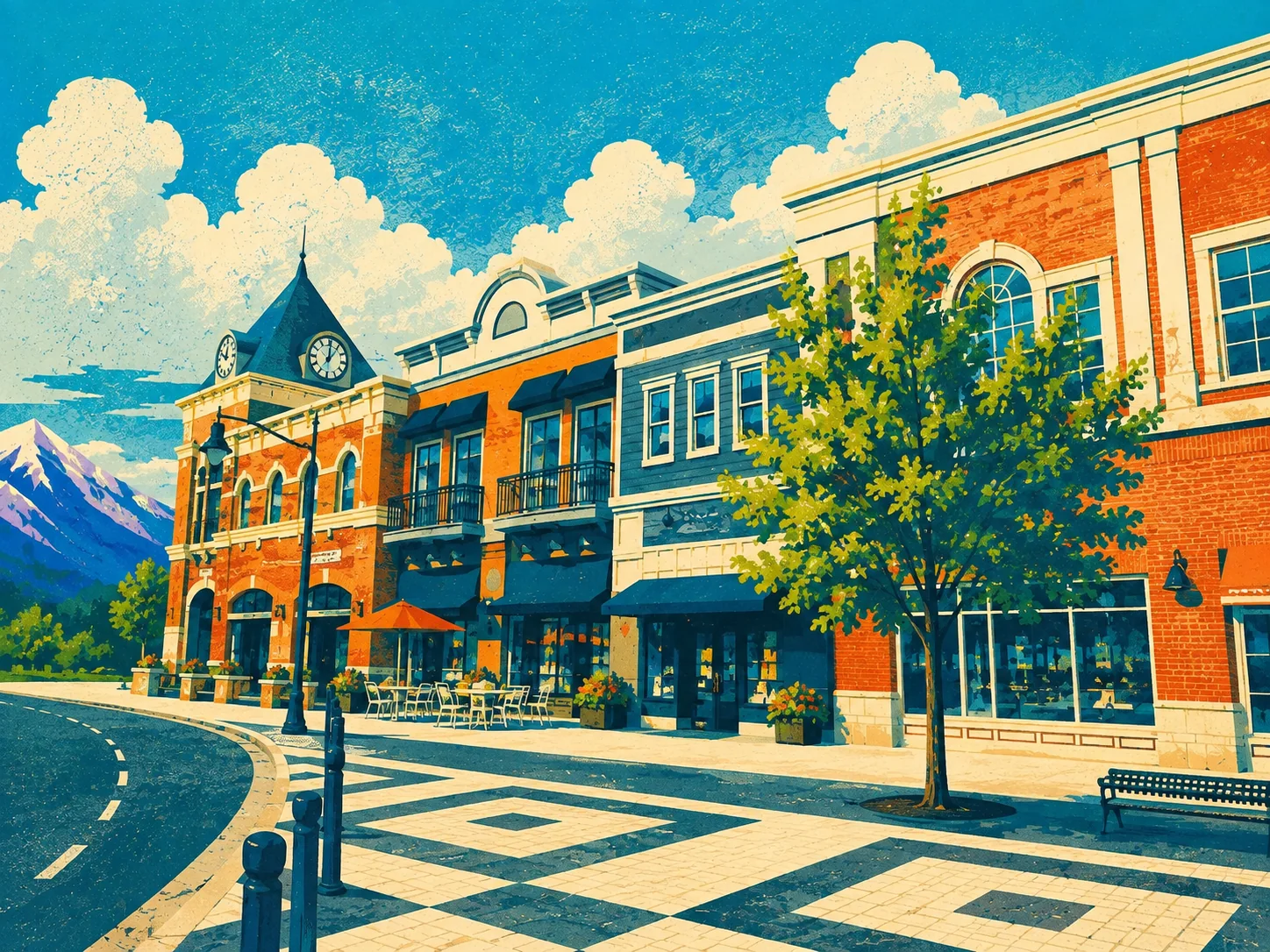 WPA-style illustration of a Holladay neighborhood scene with brick storefronts, a clock tower, trees and mountains