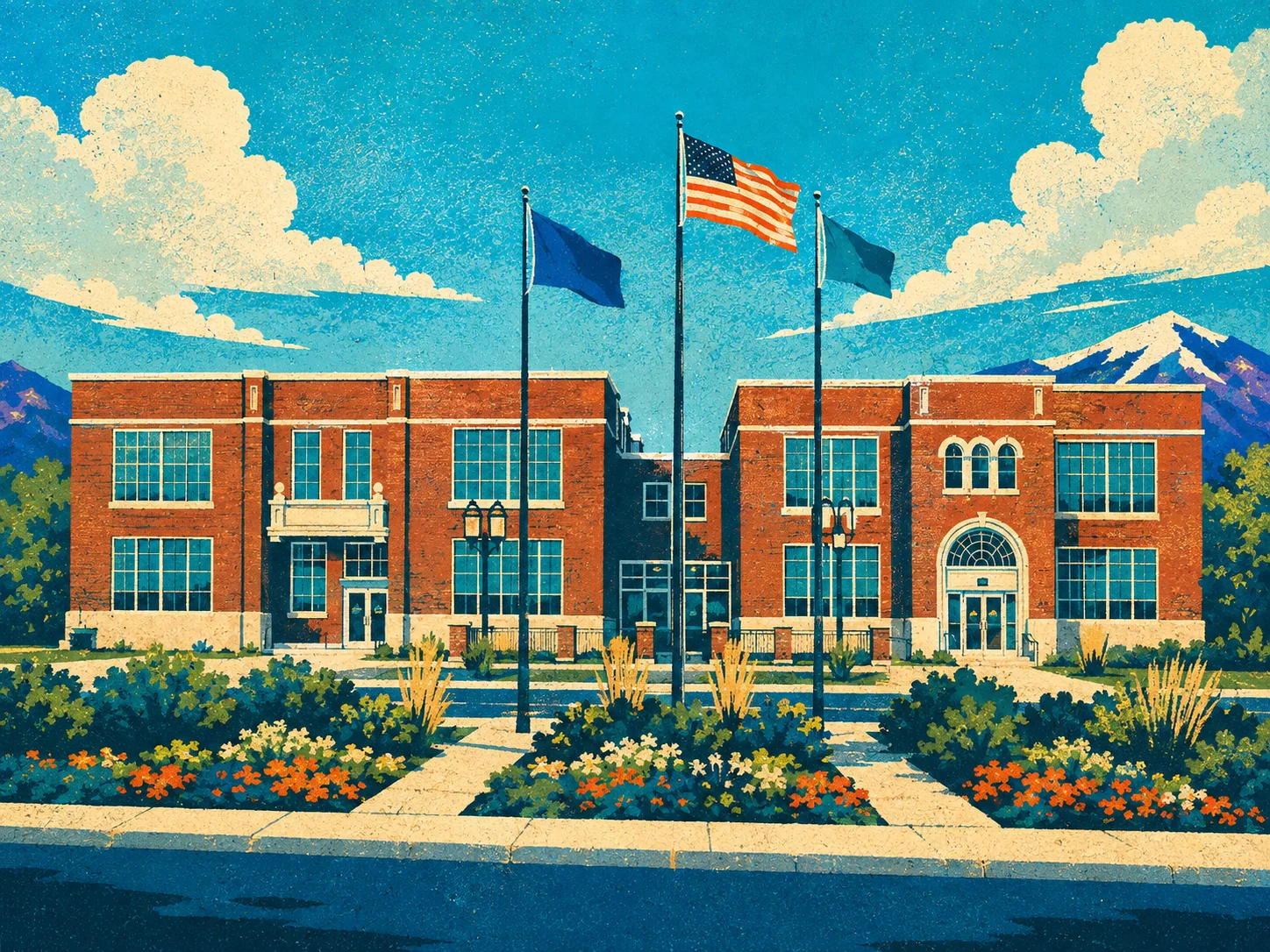 WPA-style illustration of Riverton City Hall, the former school buildings, with mountains behind them