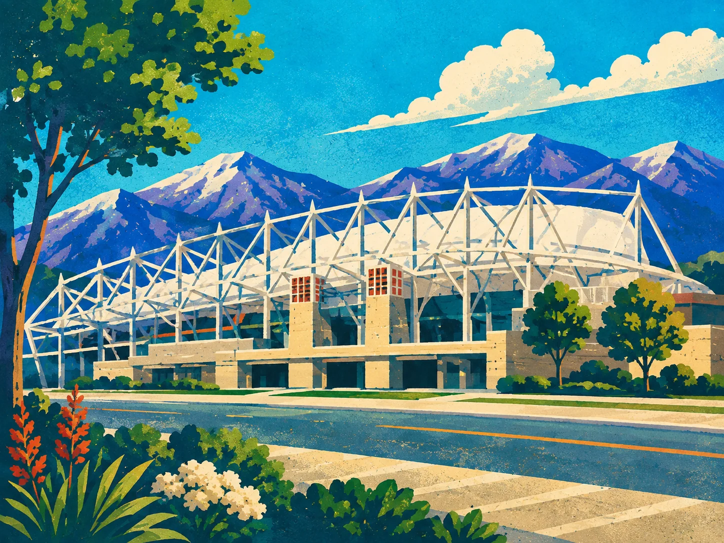 WPA-style illustration of Sandy’s soccer stadium beneath the Wasatch mountains