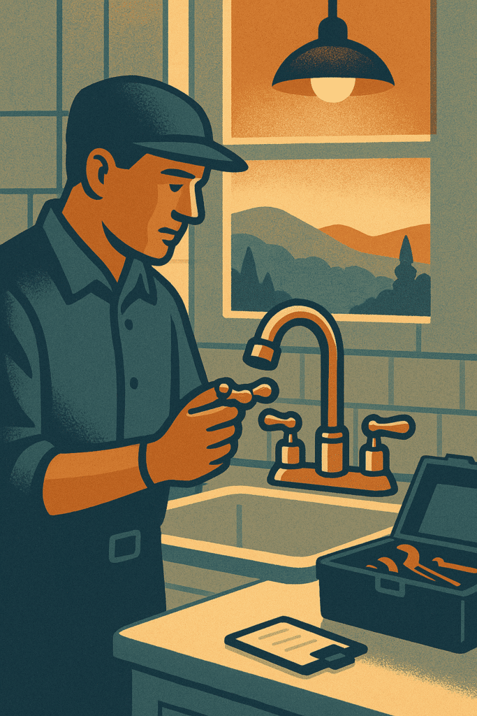 Plumber diagnosing faucet and sink issues illustration by Mountain Man Plumbing