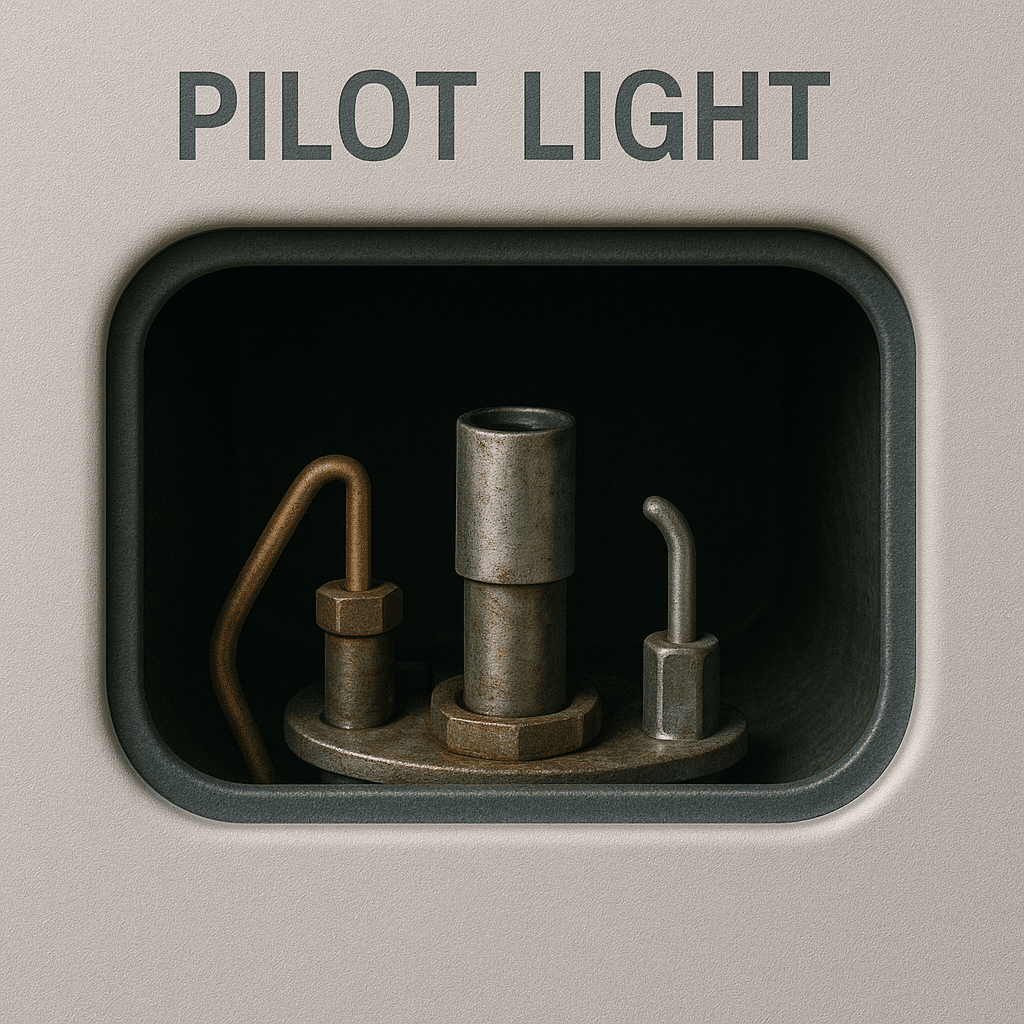 "Close-up view of water heater pilot light and ignition components, highlighting common Sandy water heater ignition issues."