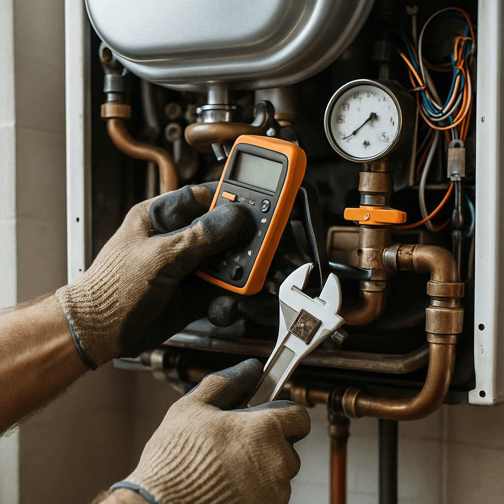 Professional plumbing diagnostic equipment testing a residential water heater during Sandy water heater repair by Mountain Man Plumbing.