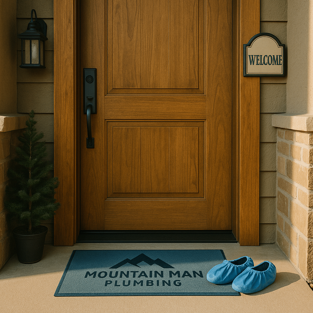 Mountain Man Plumbing branded doormat with protective boot covers at the doorstep, highlighting trusted plumbing services in Sandy, Utah.