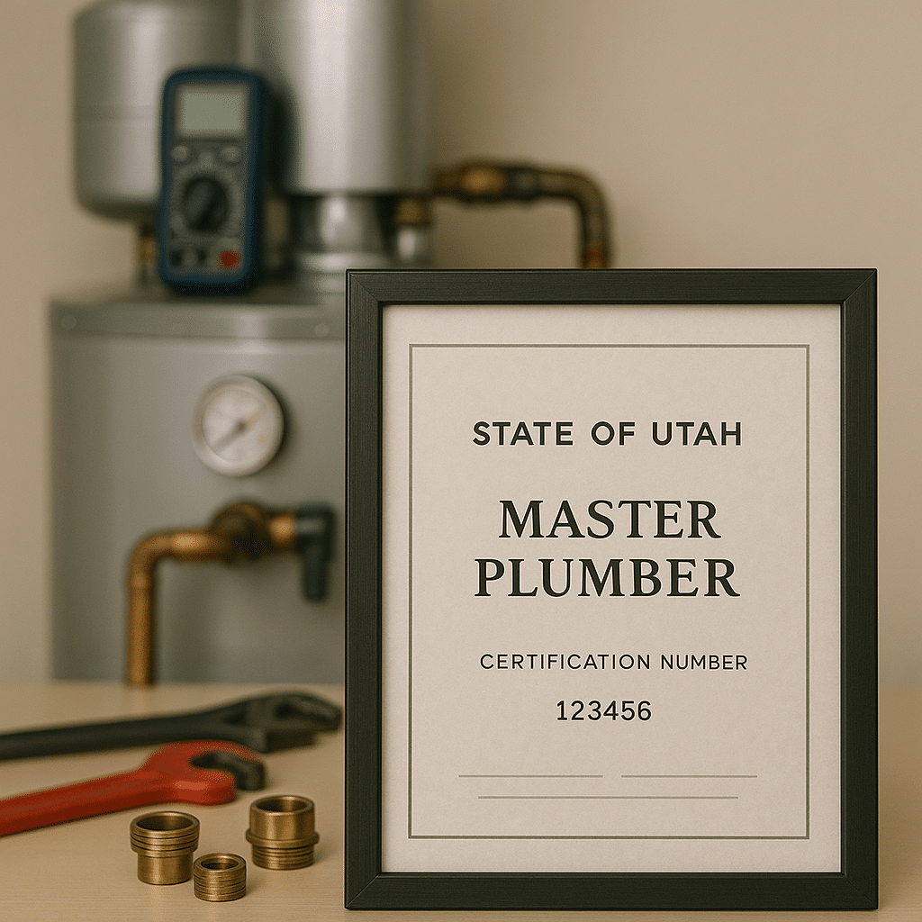 "Certified Master Plumber license displayed clearly next to professional plumbing tools, showcasing Mountain Man Plumbing’s expertise in Sandy water heater repairs.