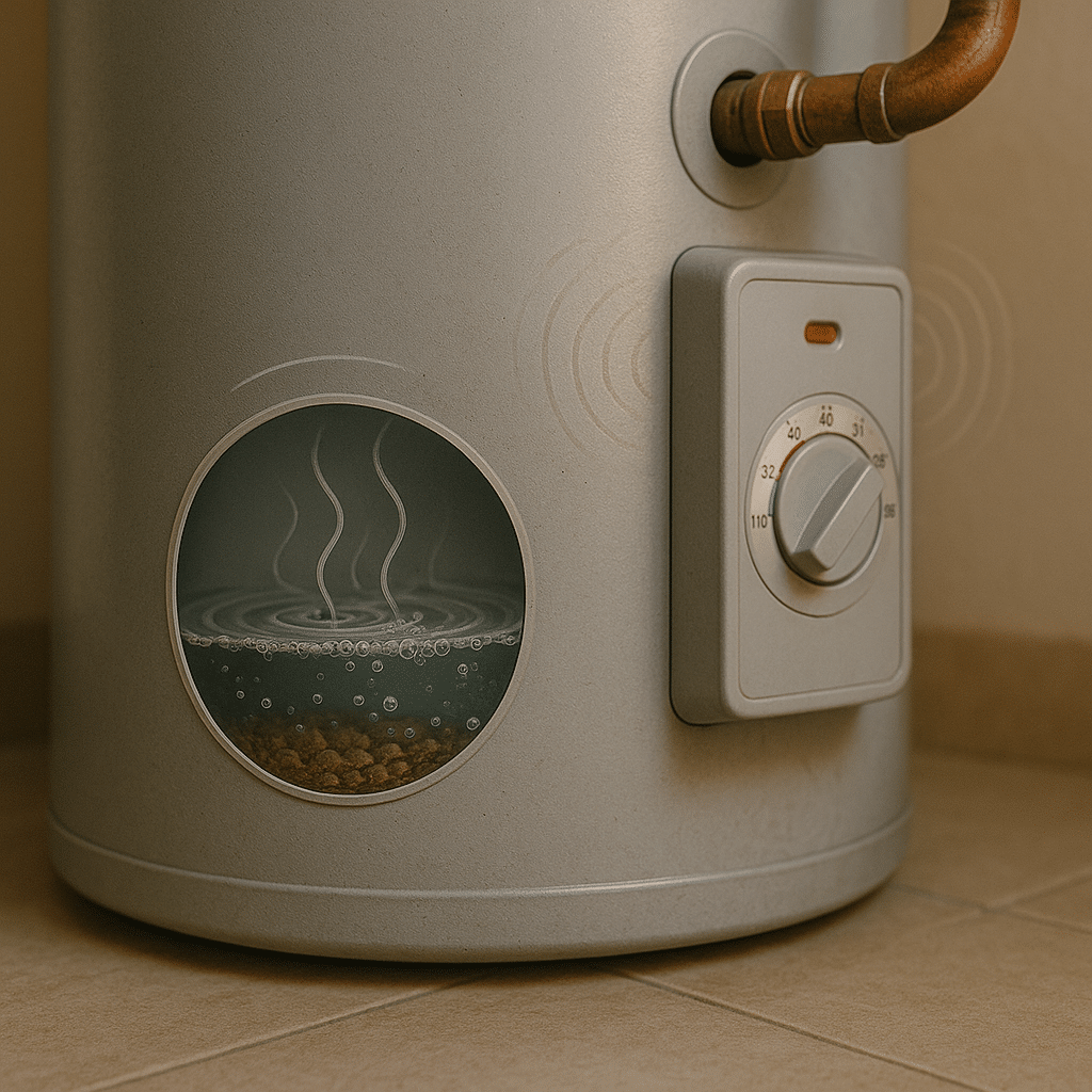 Residential water heater visibly indicating internal sediment buildup causing strange noises, a common issue for Sandy homeowners.