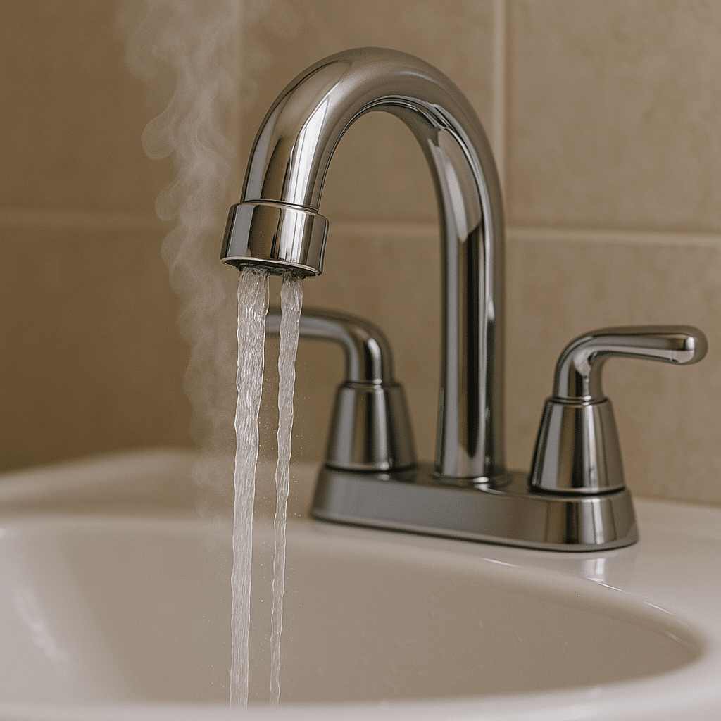 Bathroom faucet clearly showing fluctuating water temperature, visually depicting inconsistent hot and cold water flow, a common water heater issue in Sandy.