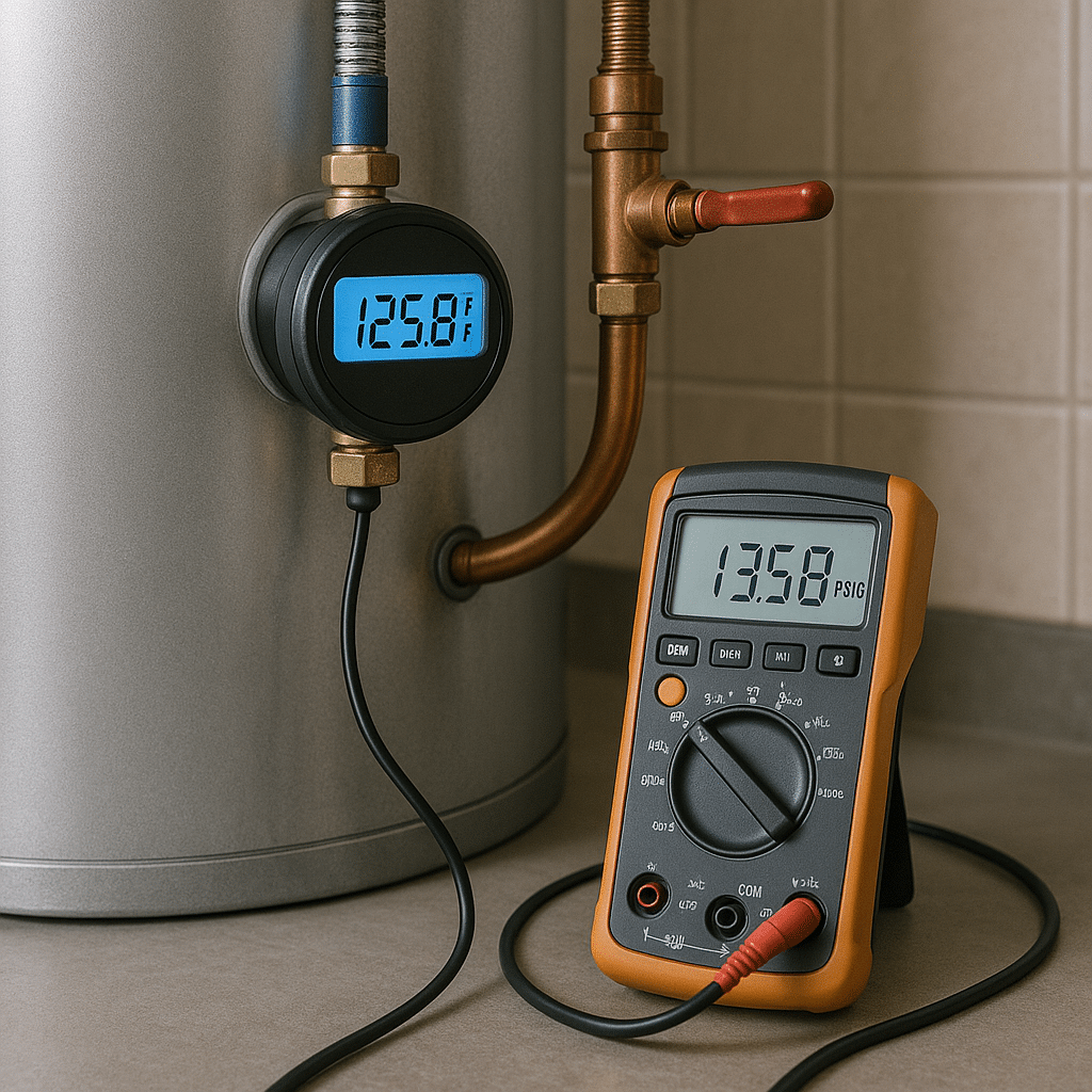 Professional diagnostic tools clearly testing residential water heater during Sandy repair service by Mountain Man Plumbing