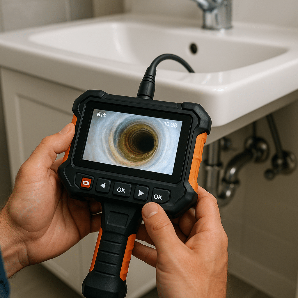 Plumber using digital camera for drain diagnostics in Draper, Utah.