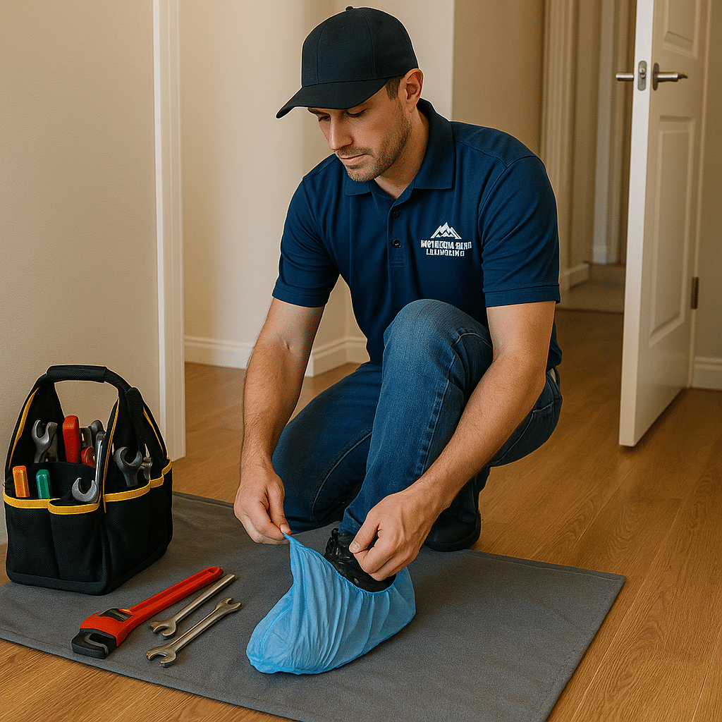 Draper plumber putting on protective shoe covers in a tidy home.