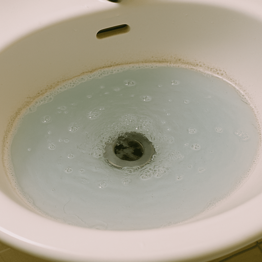 Slow-draining bathroom sink due to hair and soap clog in Draper, Utah home.