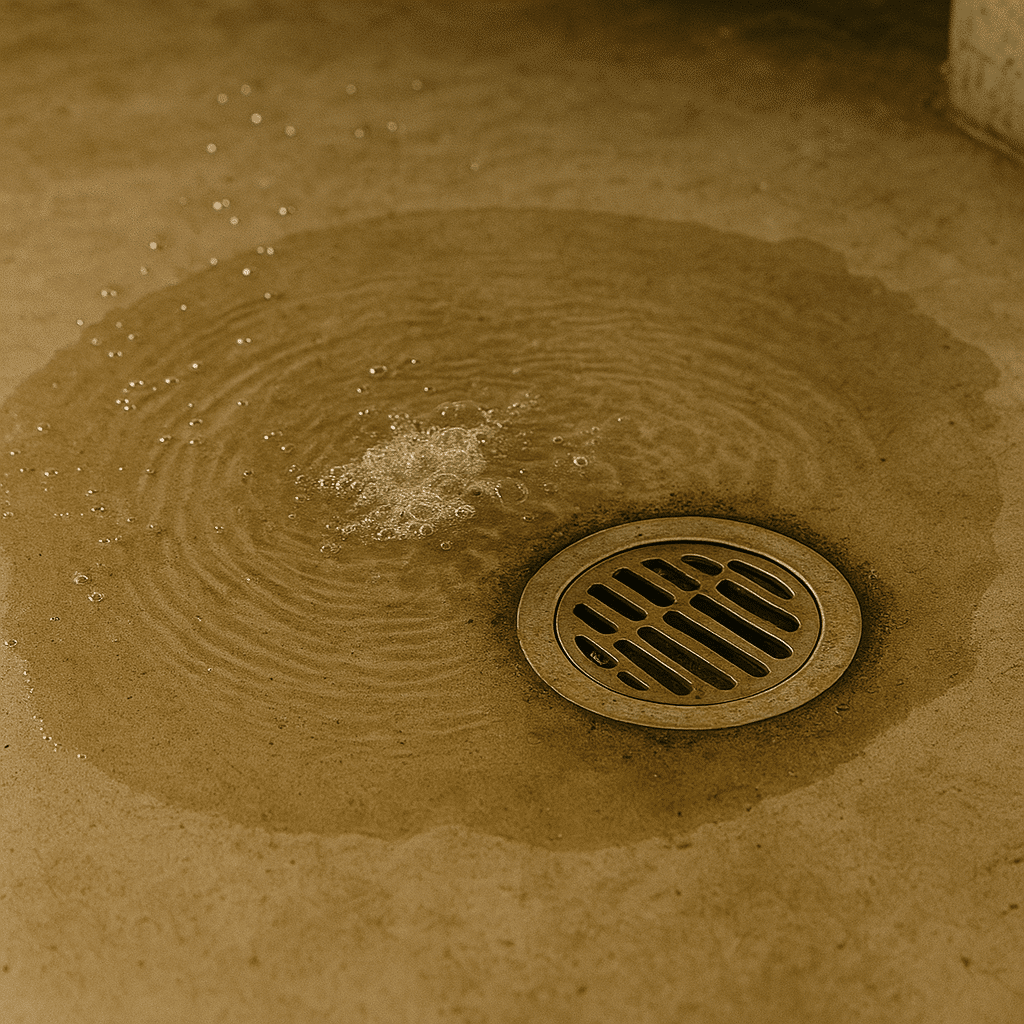 Water pooling around floor drain due to frequent backups in Draper, Utah home.