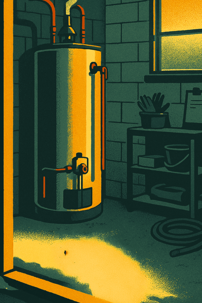Vintage WPA-style illustration of a residential basement featuring a water heater, depicting typical Utah home water heater repair setting.