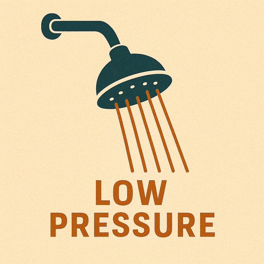 Illustration of a showerhead showing low water pressure by Mountain Man Plumbing