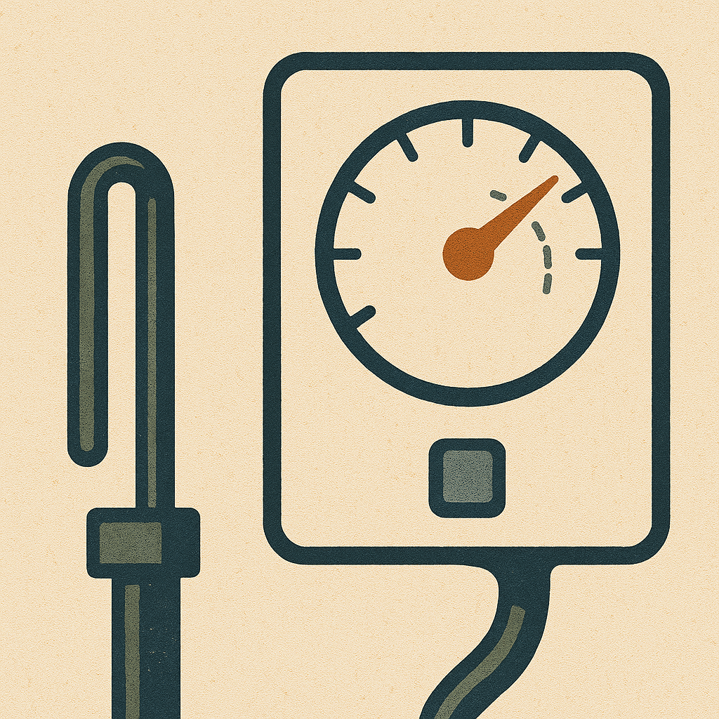 Vintage-style illustration showing a pressure gauge reading high pressure, indicating potential pressure problems in residential water heaters.