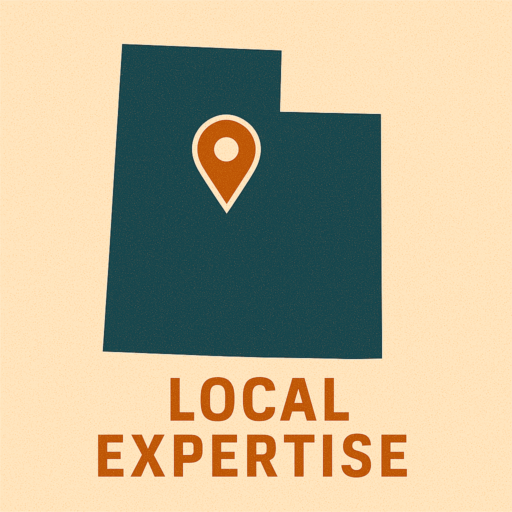 Local Utah plumbing expertise icon with state outline and location pin by Mountain Man Plumbing