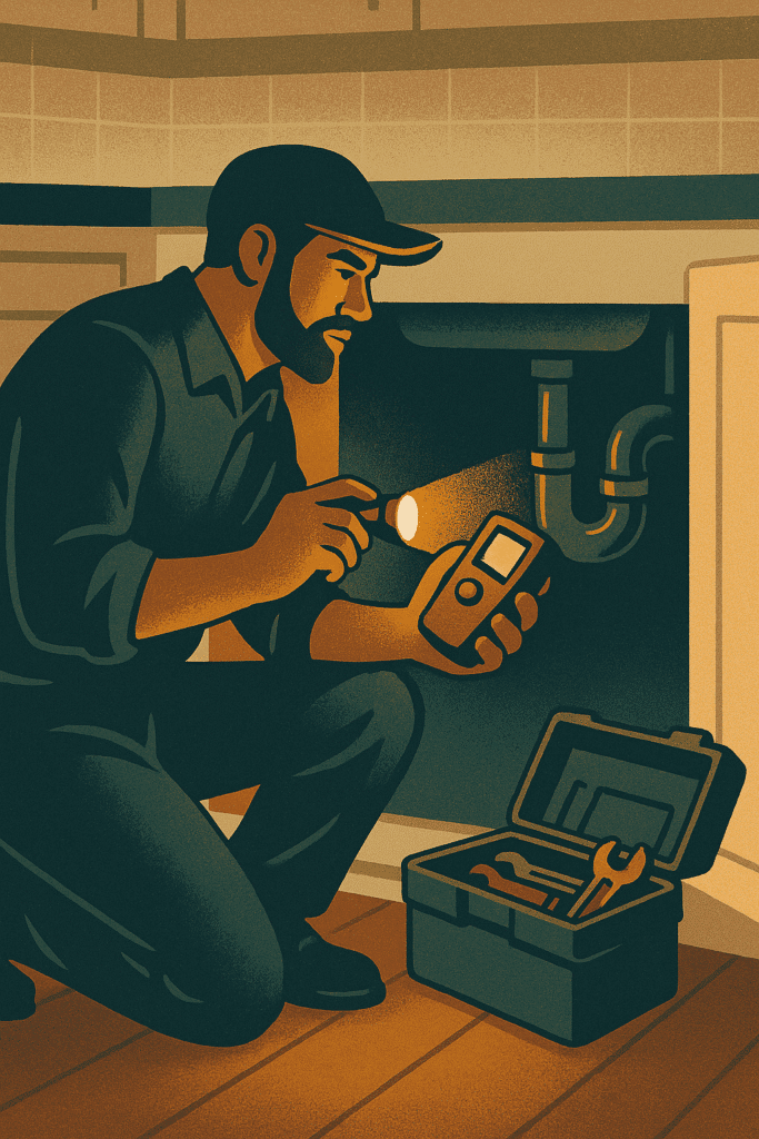 Illustration of plumber inspecting pipes under sink by Mountain Man Plumbing