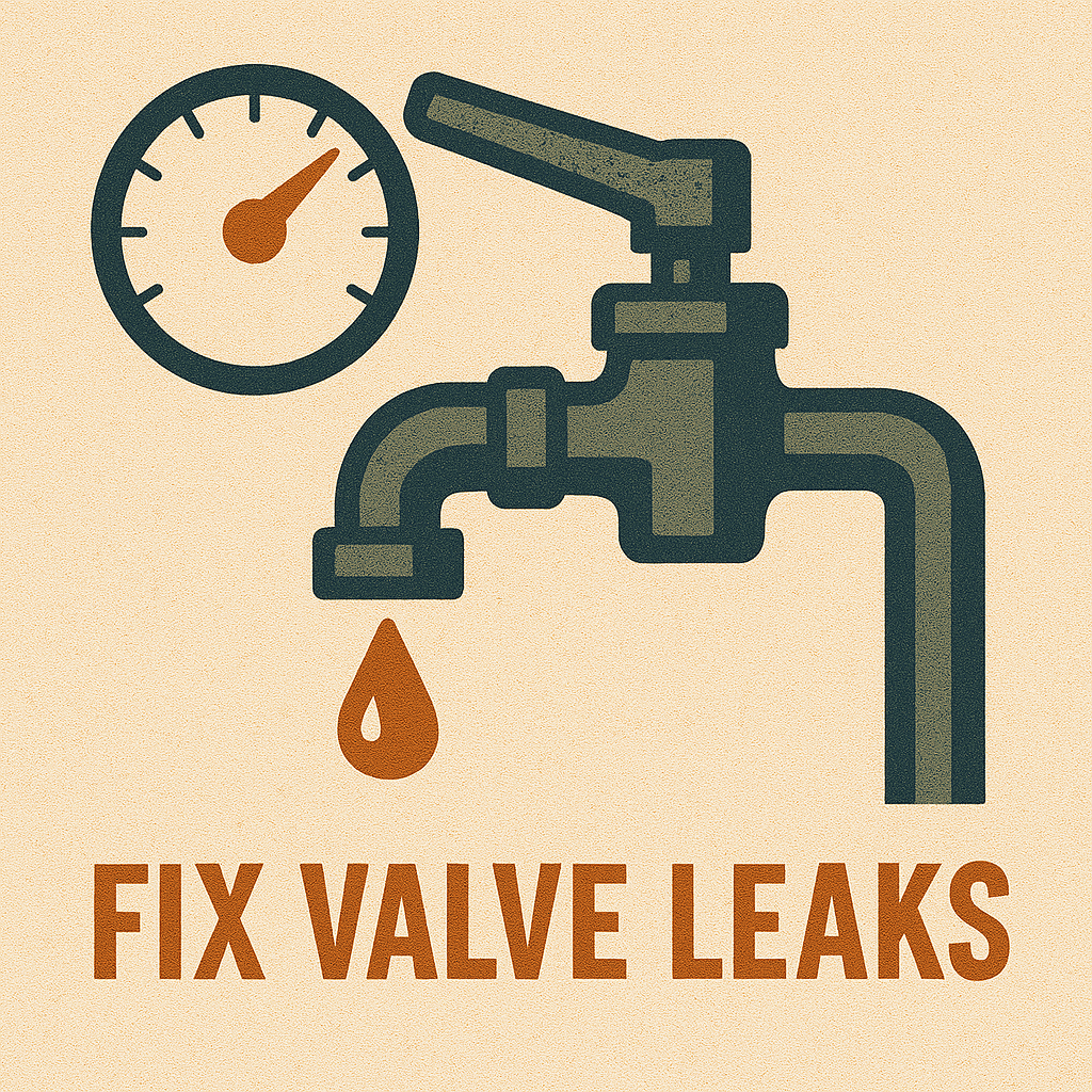 Vintage-style illustration of a leaking valve with pressure gauge, representing common valve leaks in water heater systems.