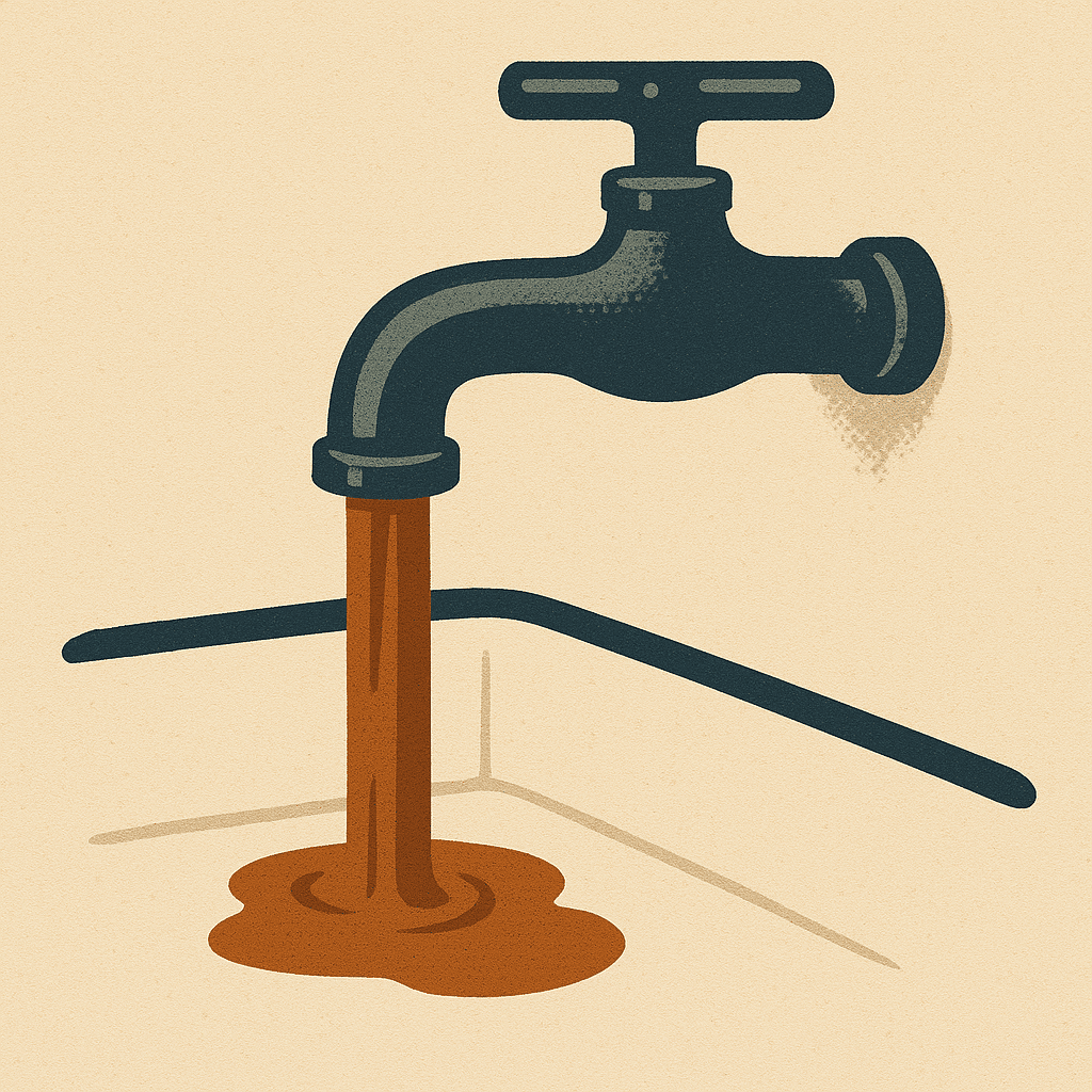Illustration of faucet dispensing rusty, discolored water into a sink, indicating corrosion issues in plumbing or water heater.