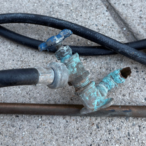 Severely corroded and damaged copper hose bib and pipe from Sandy basement.