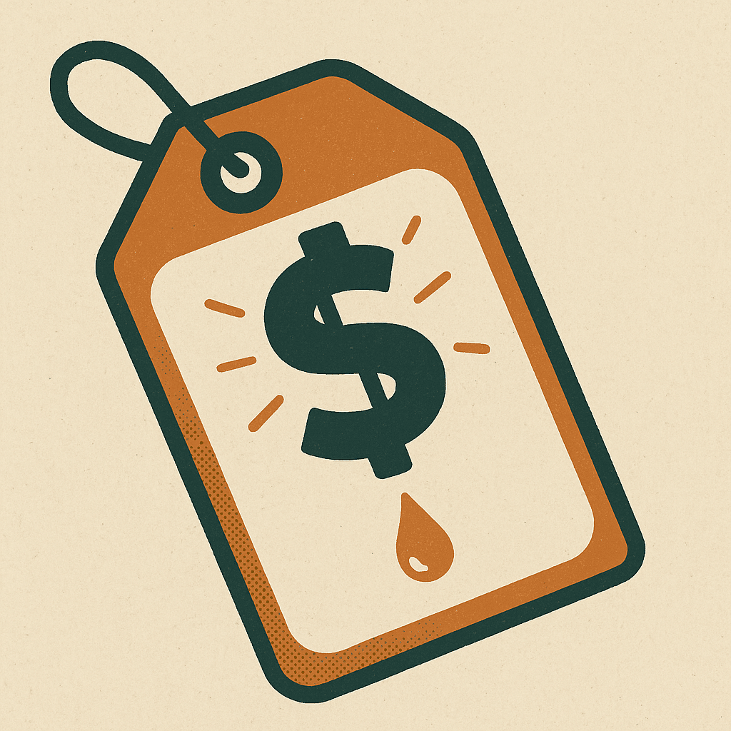 Vintage-style illustration of a price tag with dollar symbol and rays, representing transparent and honest plumbing pricing.