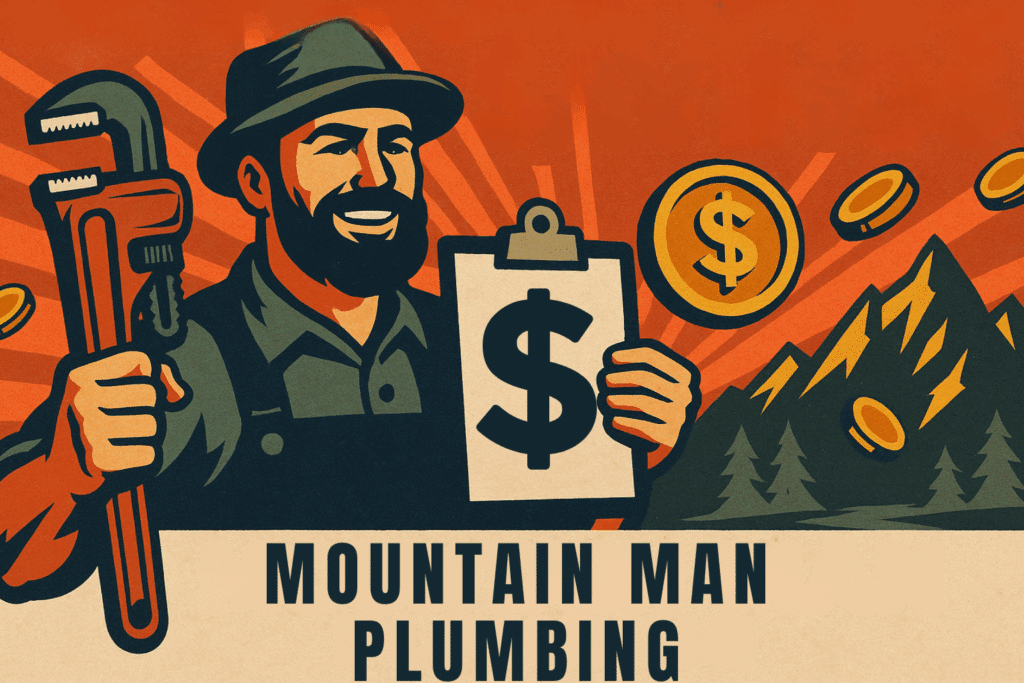 Vintage-style illustration showing Mountain Man Plumbing deals with plumber holding wrench and dollar-sign clipboard, mountain background
