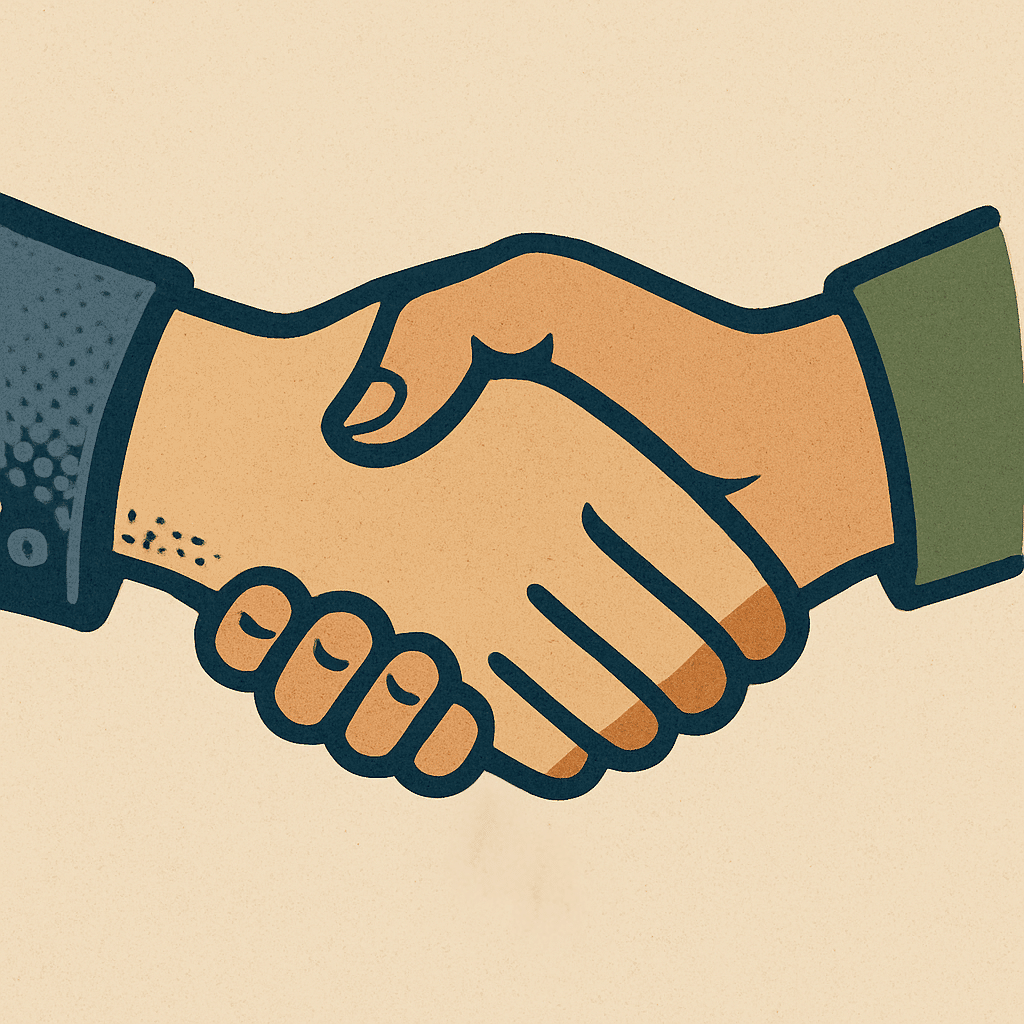 Vintage-style illustration of a handshake between a plumber and homeowner, symbolizing trust and reliable service.