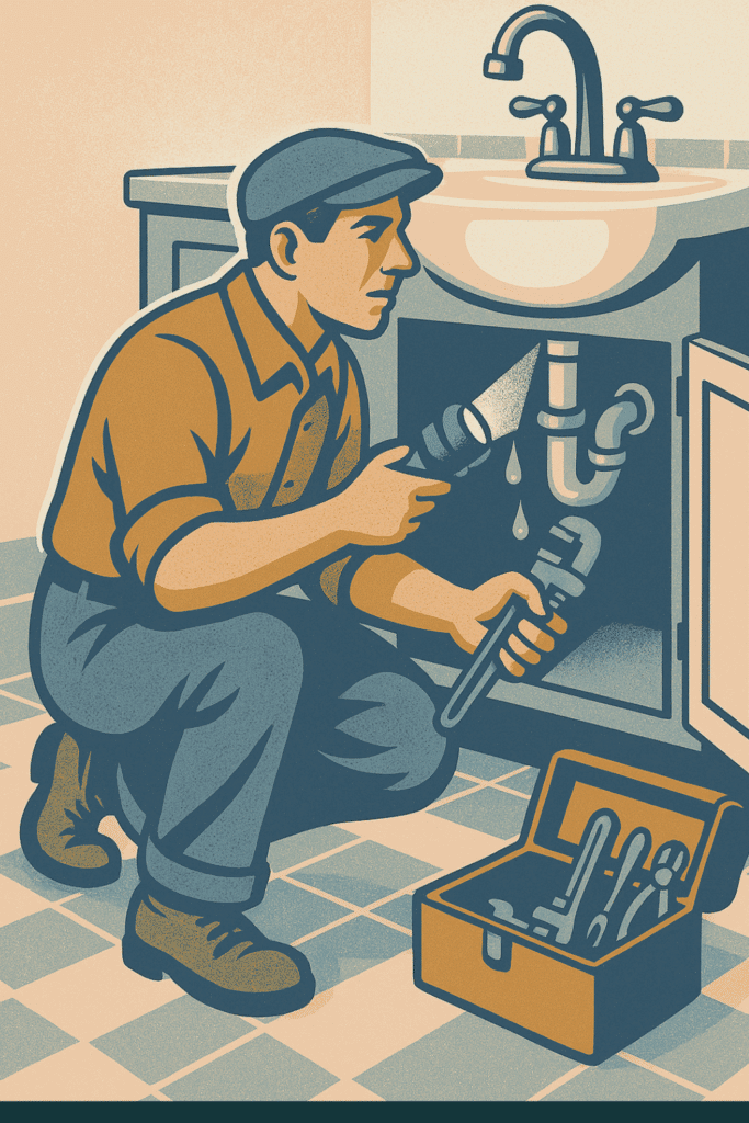 illustration of a plumber in Midvale inspecting plumbing under a sink, holding a flashlight and wrench, representing Mountain Man Plumbing’s skilled service.