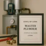 "Certified Master Plumber license displayed clearly next to professional plumbing tools, showcasing Mountain Man Plumbing’s expertise in Sandy water heater repairs.