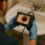 Plumber using digital camera for drain diagnostics in Draper, Utah.