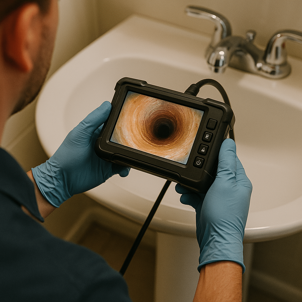 Plumber using digital camera for drain diagnostics in Draper, Utah.