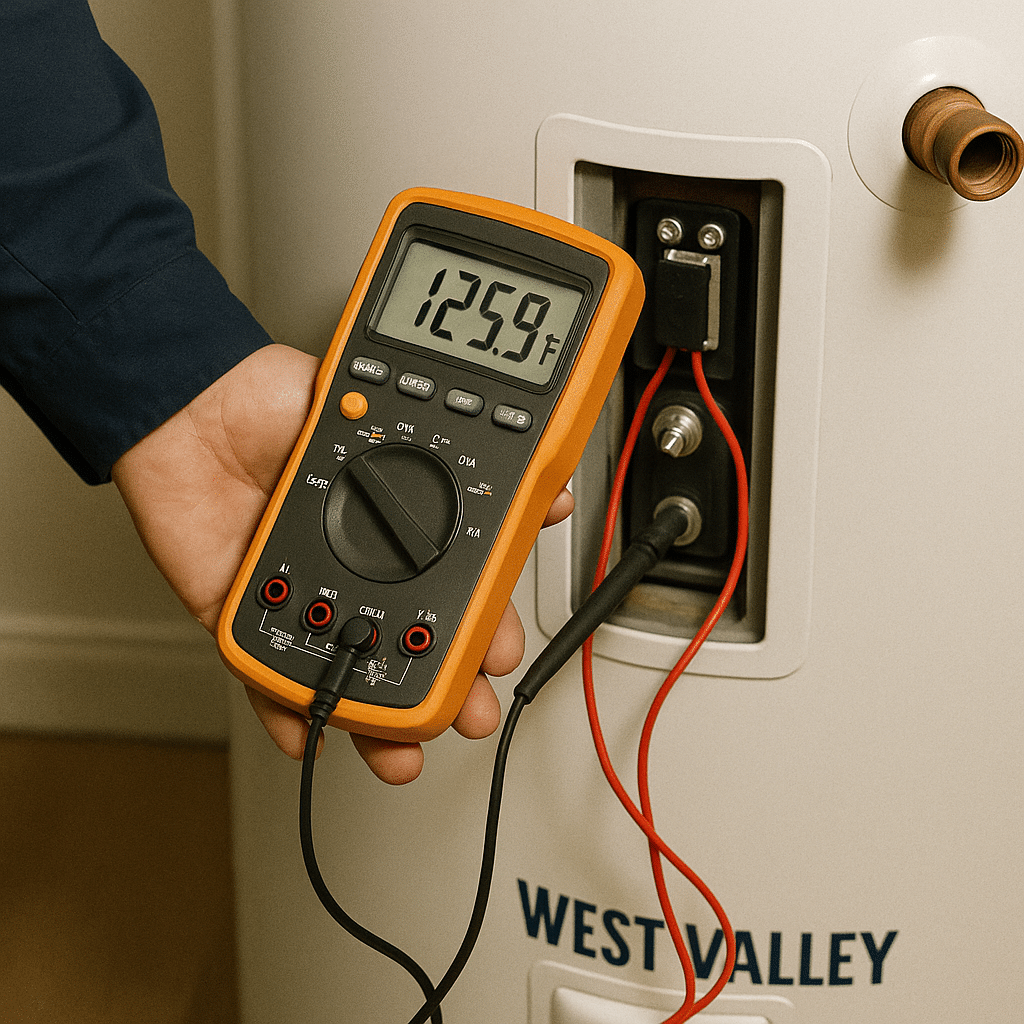 West Valley plumber performing water heater diagnostics with professional digital tool.
