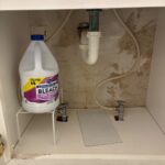 Under-sink P-trap, supply lines, and angle stop shutoff valves inside a bathroom vanity cabinet