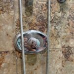 Chrome oval shower valve trim plate reinstalled on tiled wall after Grohe inspection in Sandy Utah